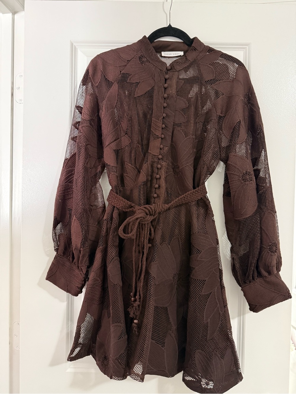 Brown Floral Lace Long-Sleeve Tie-Waist Dress
